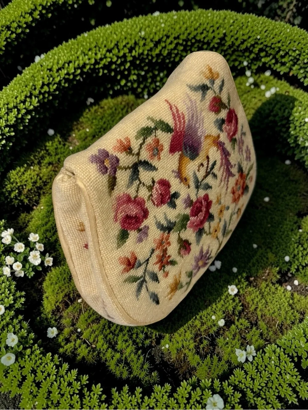 1920’s-30’s Needle Point Floral Clutch with Large Abalone Pearl Saucer Closure
